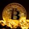 Cryptocurrency mortgage deposit - bitcoin coins representing digital asset wealth