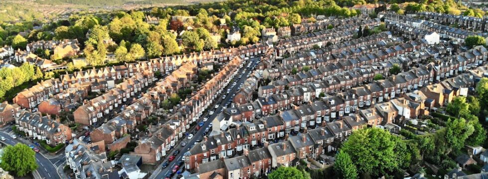 UK Mortgages hub - aerial view of British residential street